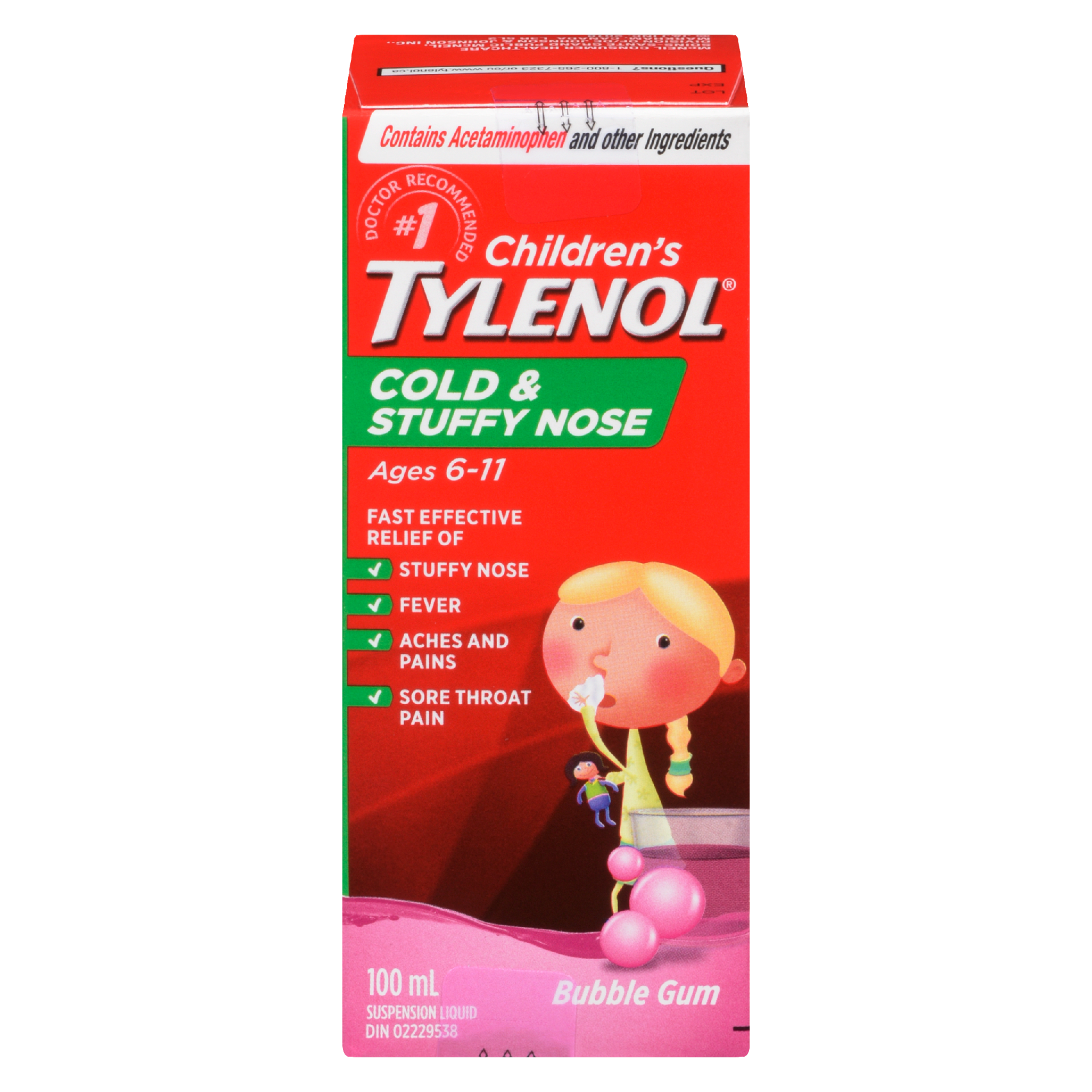 Tylenol Children's Suspension Liquid Cold & Stuffy Nose Bubble Gum Ages 6-11 100 ml