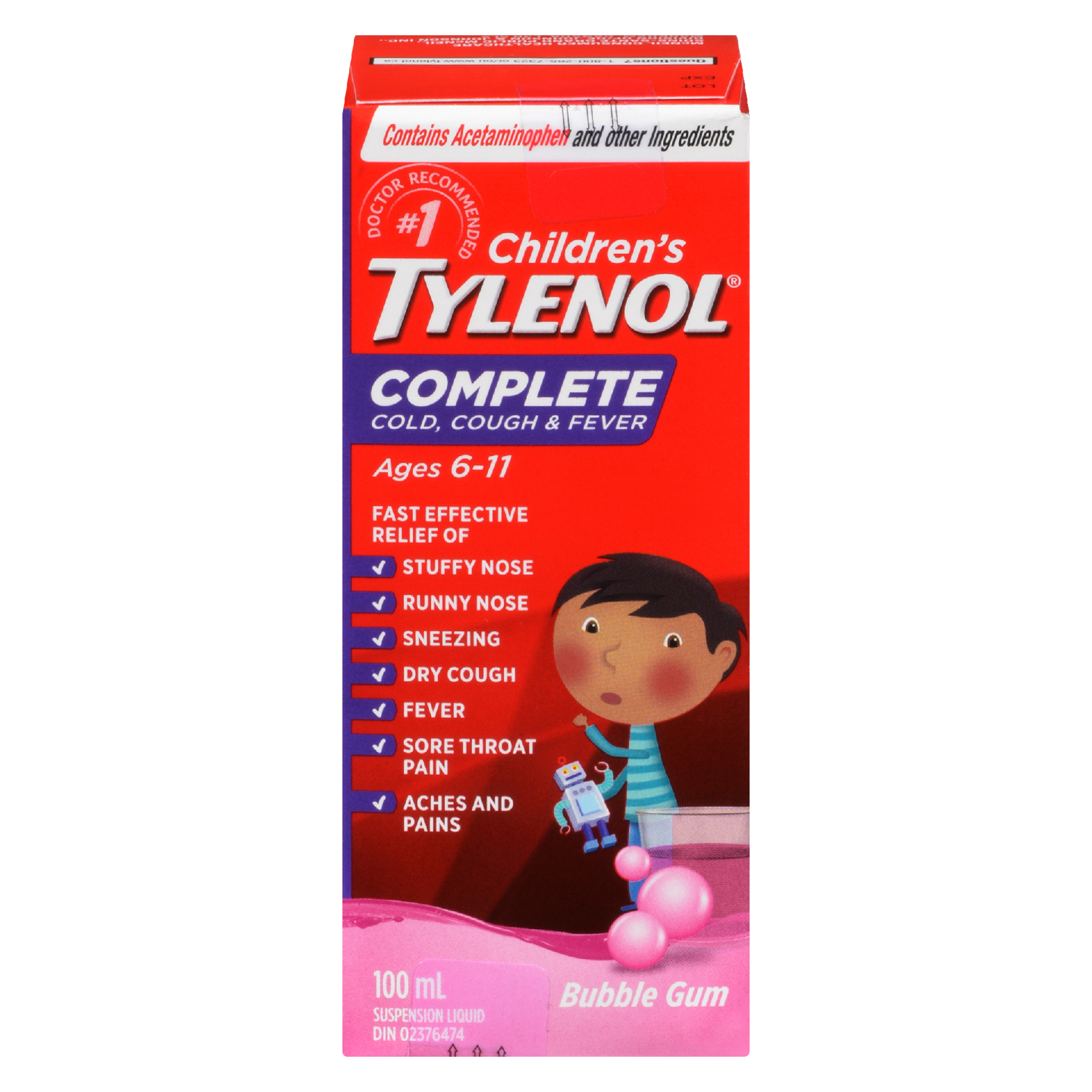 Tylenol Children's Suspension Liquid Complete Cold, Cough & Fever Bubble Gum Ages 6-11 100 ml