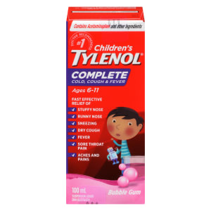 Tylenol Children's Suspension Liquid Complete Cold, Cough & Fever Bubble Gum Ages 6-11 100 ml