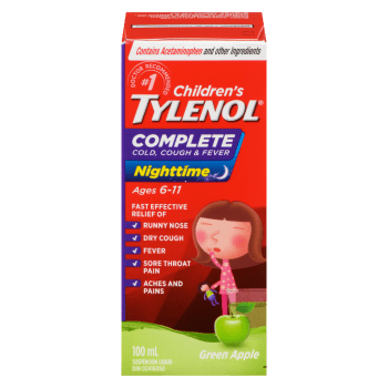 Tylenol Children's Suspension Liquid Complete Cold, Cough & Fever Nighttime Green Apple Ages 6-11 100 ml