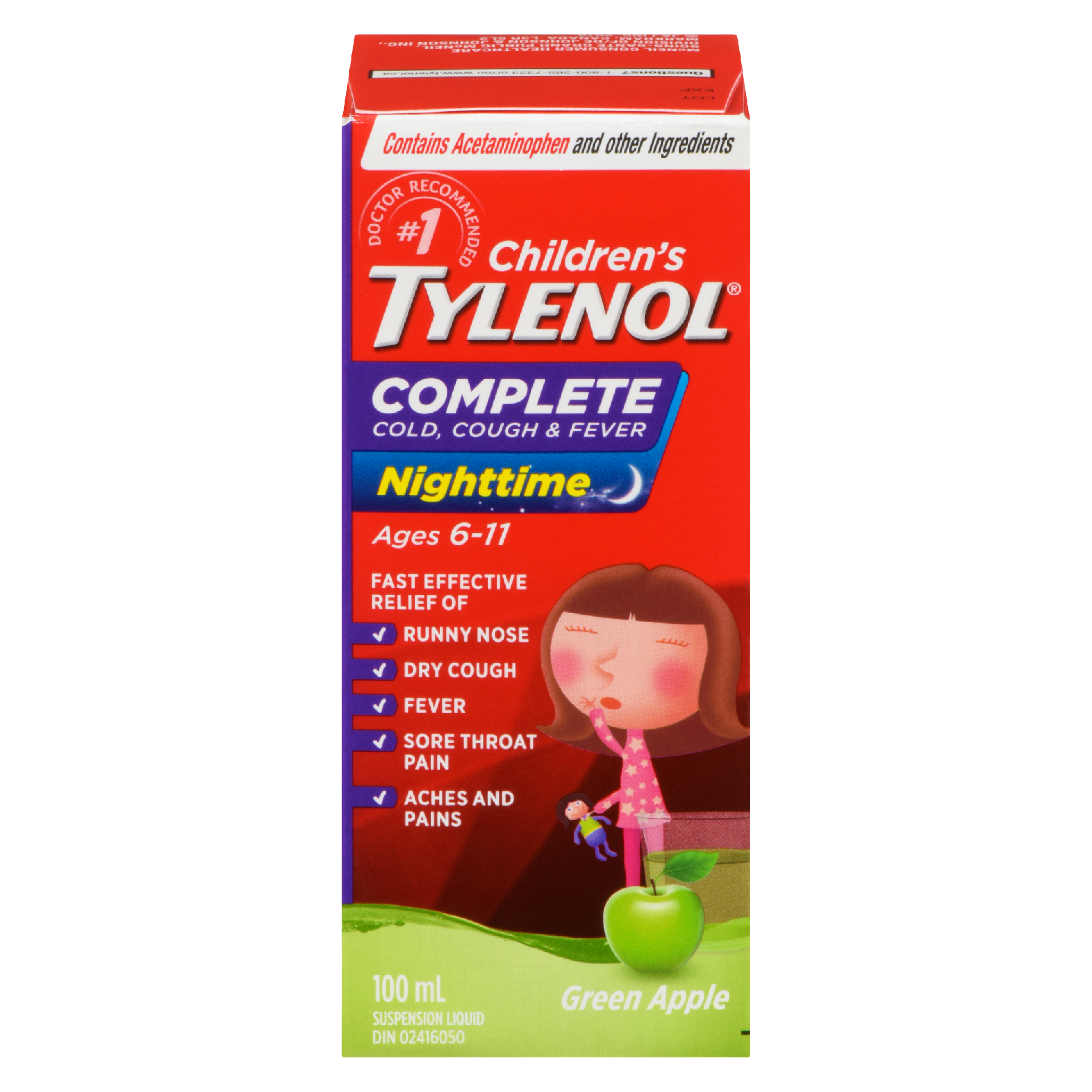 Tylenol Children's Suspension Liquid Complete Cold, Cough & Fever Nighttime Green Apple Ages 6-11 100 ml
