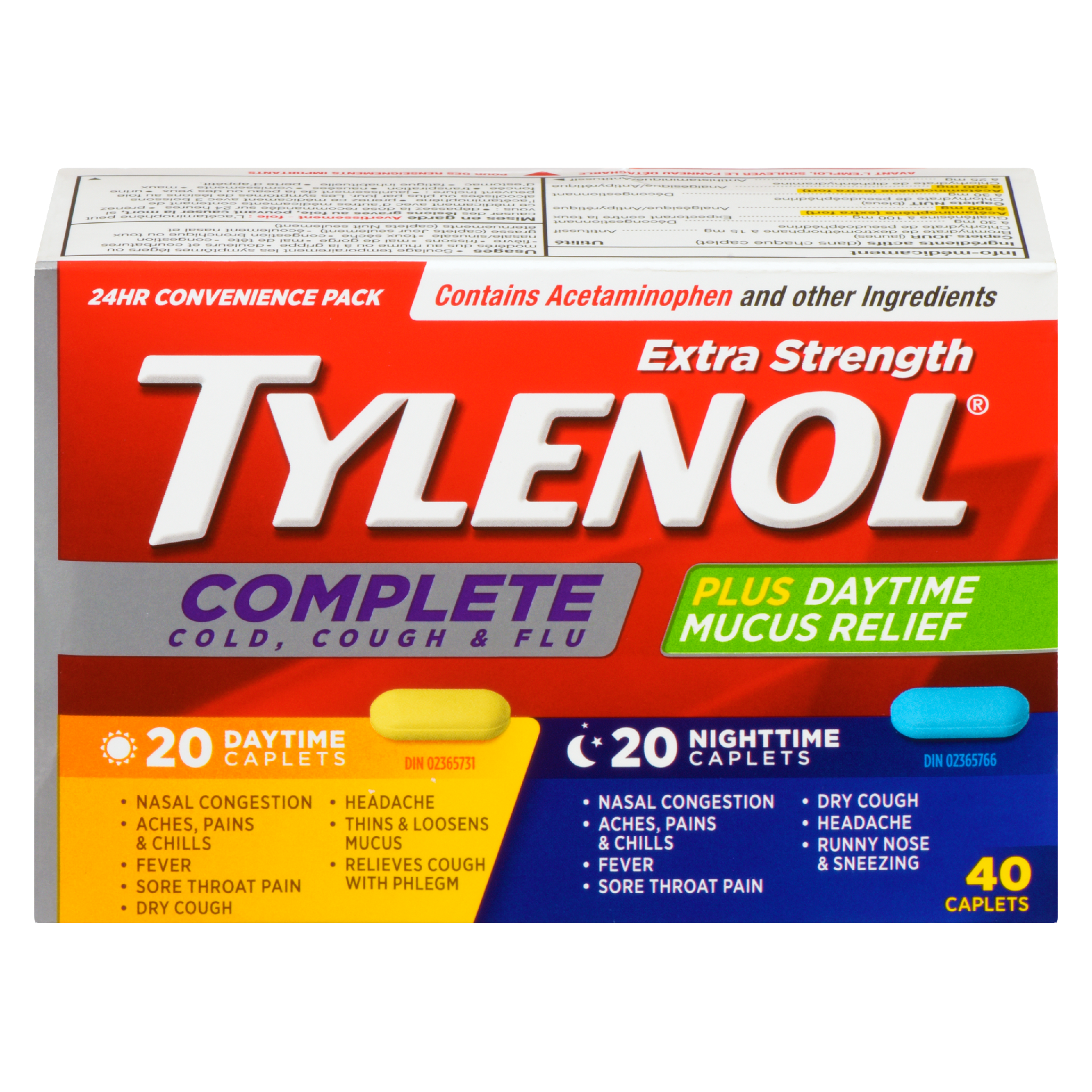 Tylenol Complete Cold, Cough & Flu Extra Strength 24 Hr Convenience Pack 40 Caplets