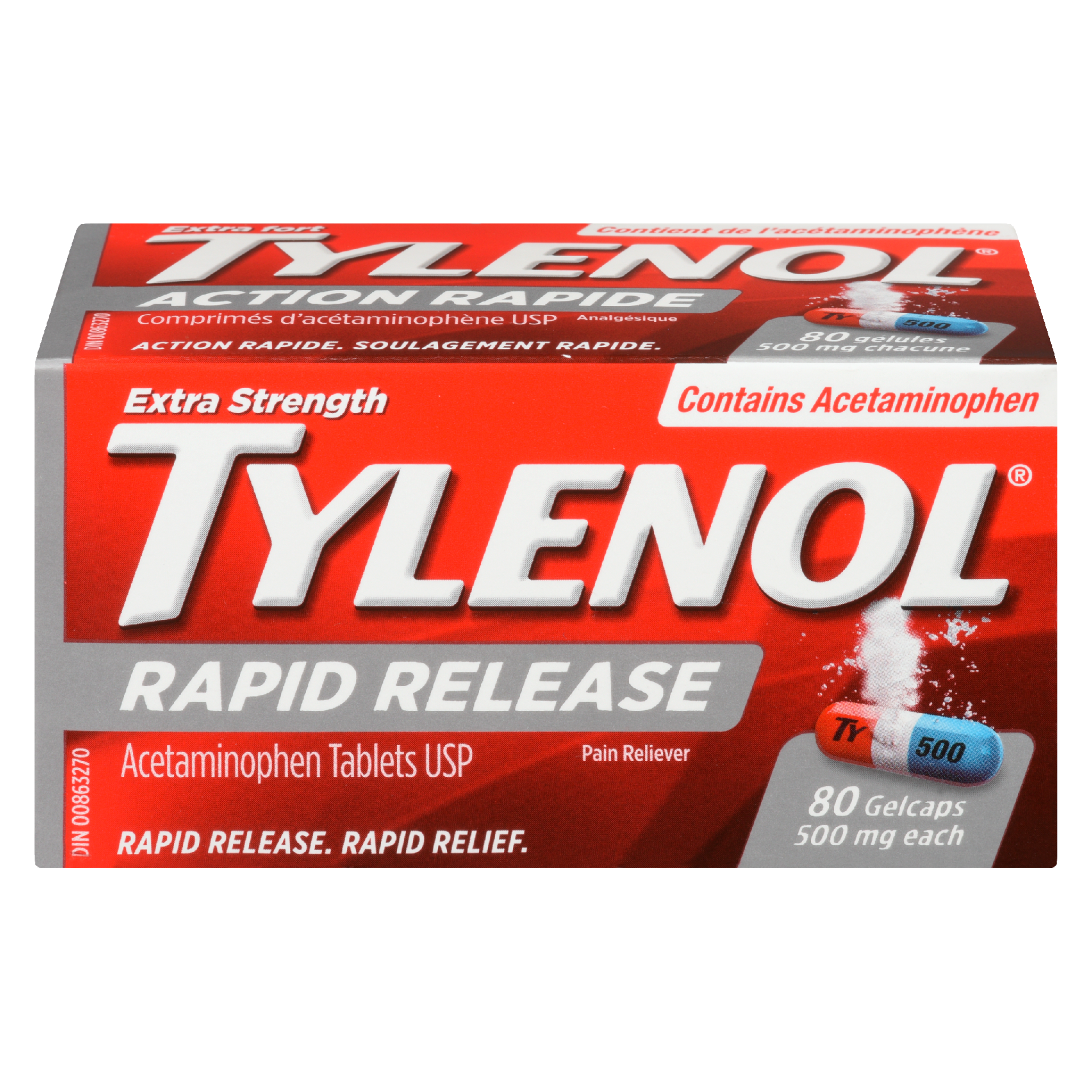 Tylenol Pain Reliever Rapid Release Extra Strength 500 mg Each 80 Gelcaps