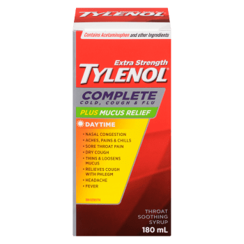 Tylenol Throat Soothing Syrup Complete Cold, Cough & Flu Daytime Extra Strength 180 ml