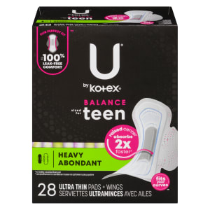 U by Kotex Balance Sized for Teen Heavy 28 Ultra Thin Pads + Wings