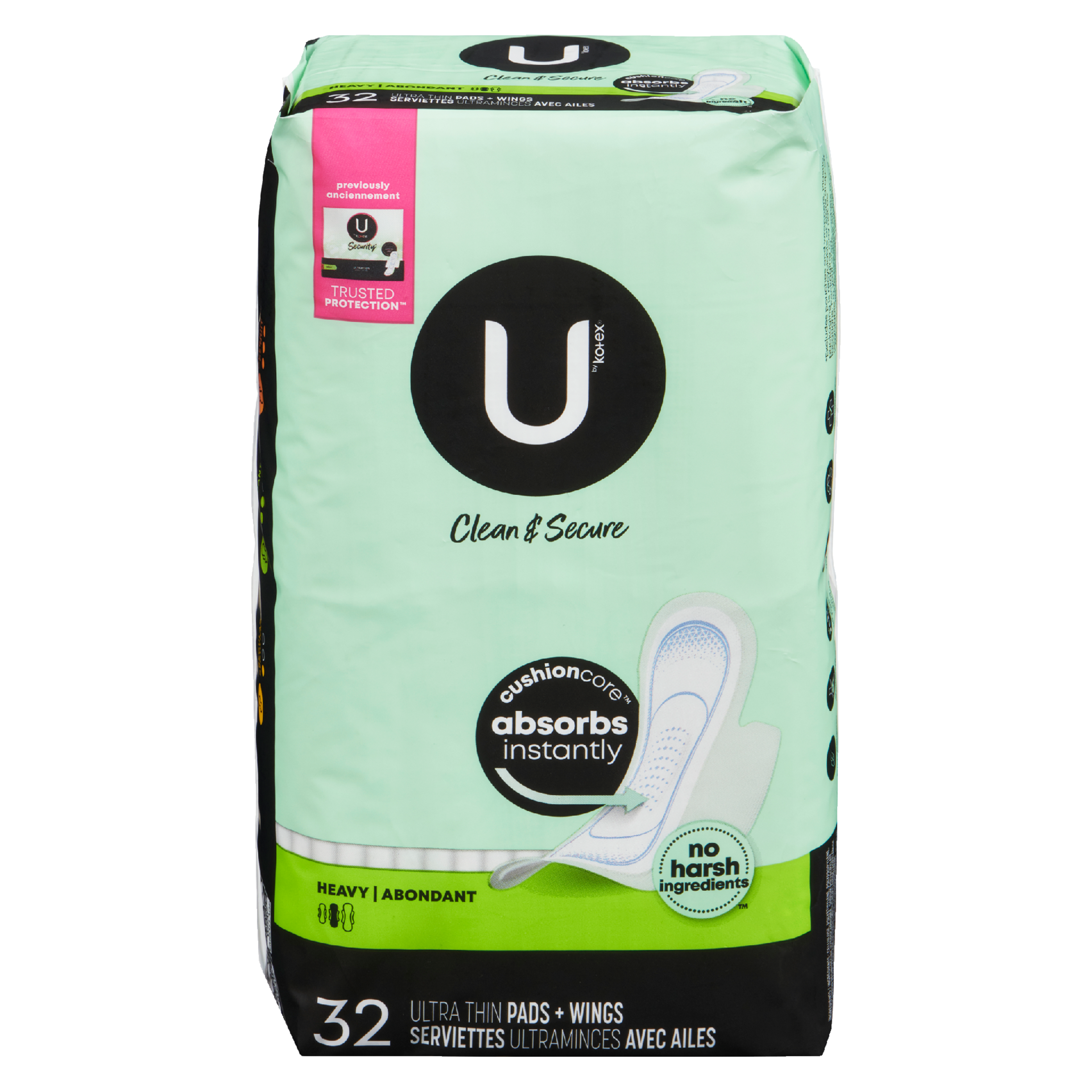 U by Kotex Clean & Secure Heavy 32 Ultra Thin Pads + Wings