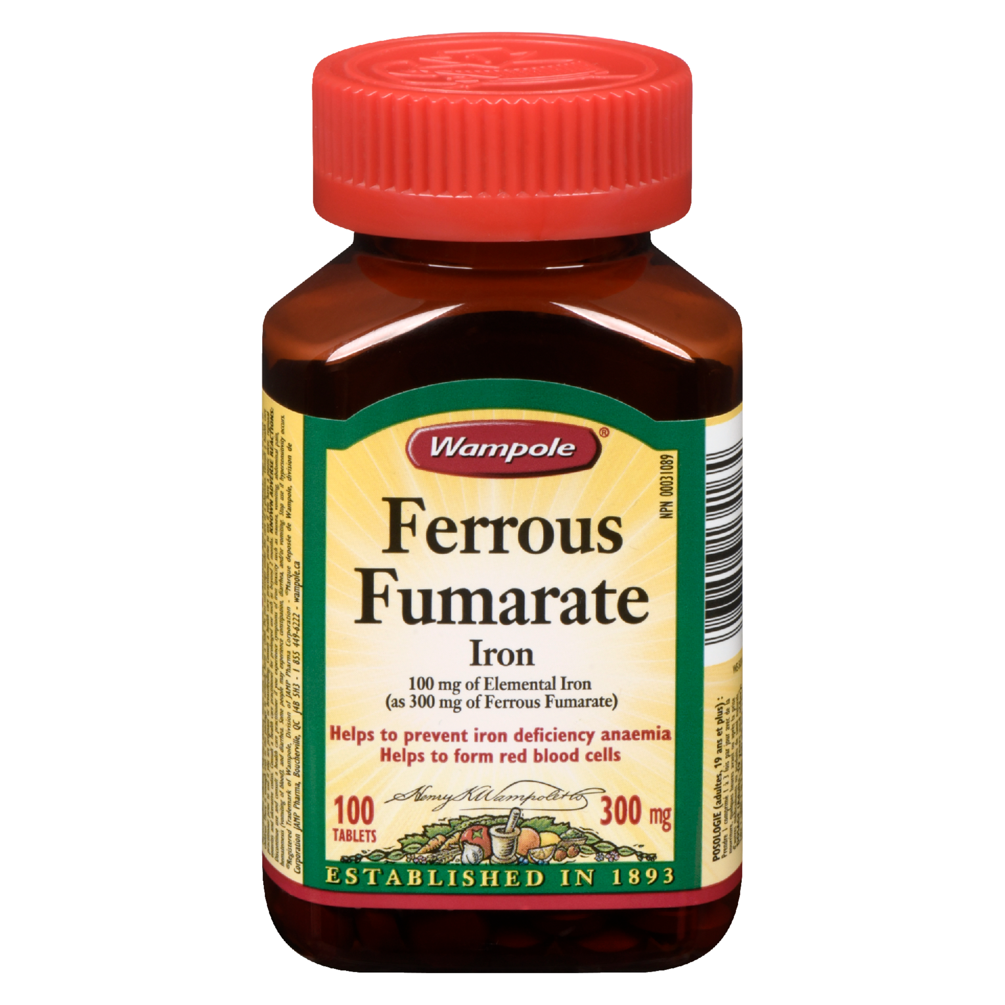 Wampole Ferrous Fumarate Iron 300 mg 100 Tablets