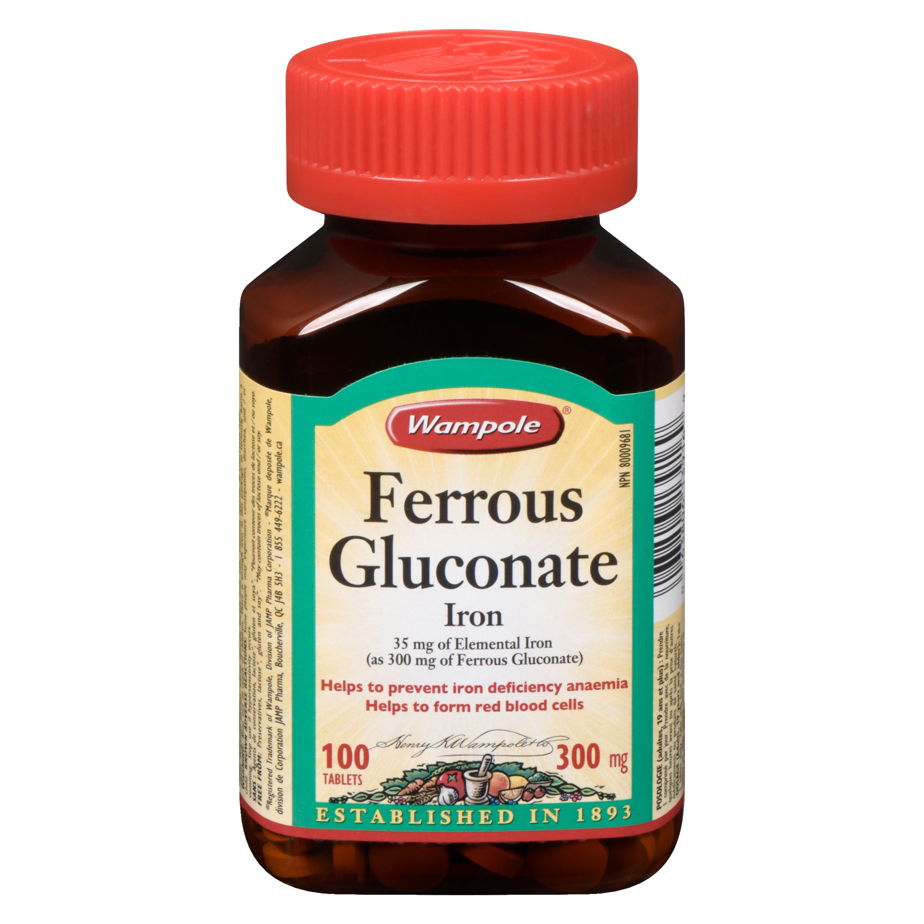 Wampole Ferrous Gluconate Iron 300 mg 100 Tablets