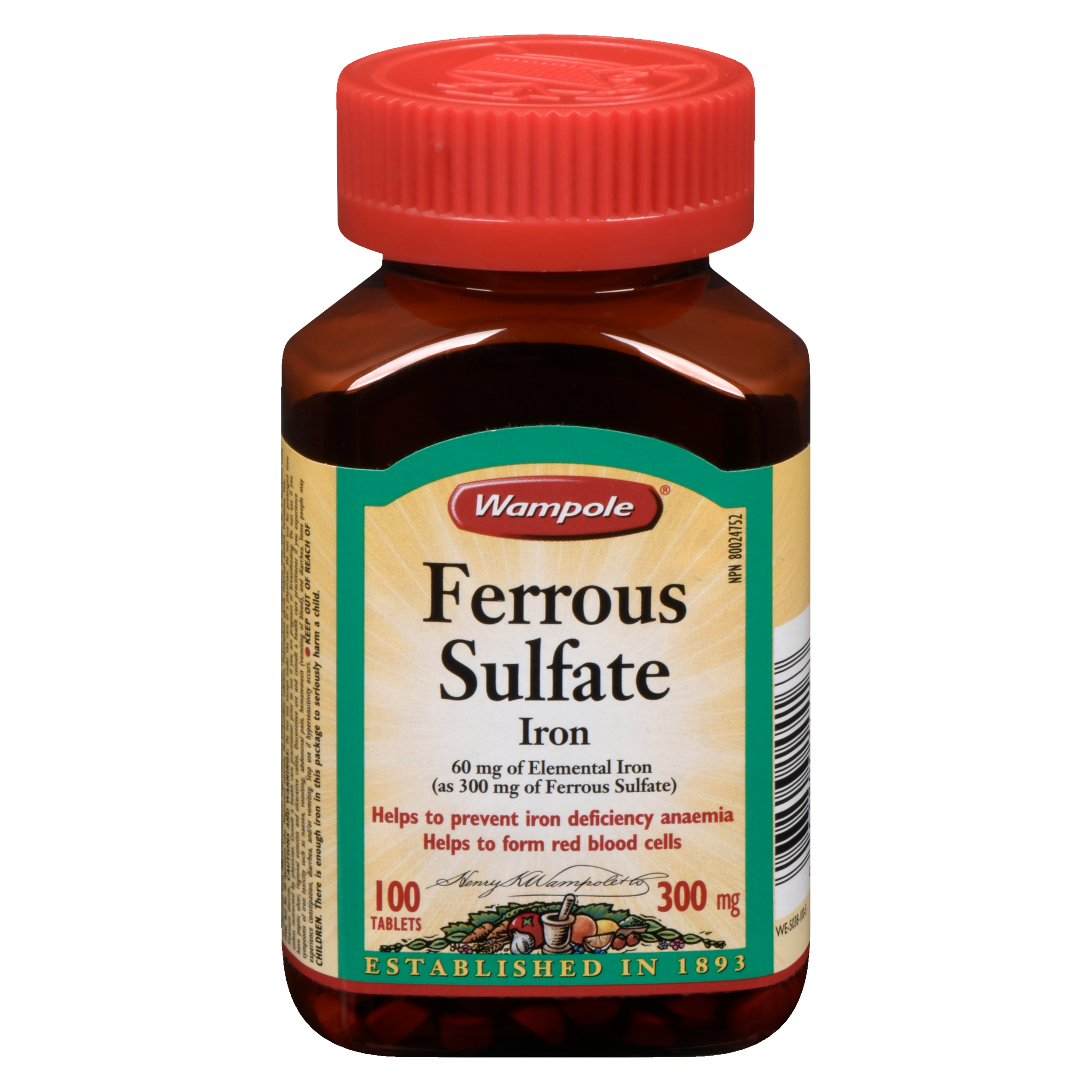 Wampole Ferrous Sulfate Iron 300 mg 100 Tablets