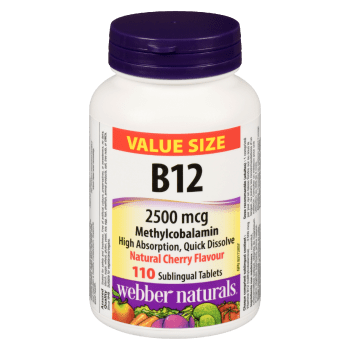 Webber Naturals B12 2500 mcg Natural Cherry Flavour Value Size 110 Sublingual Tablets