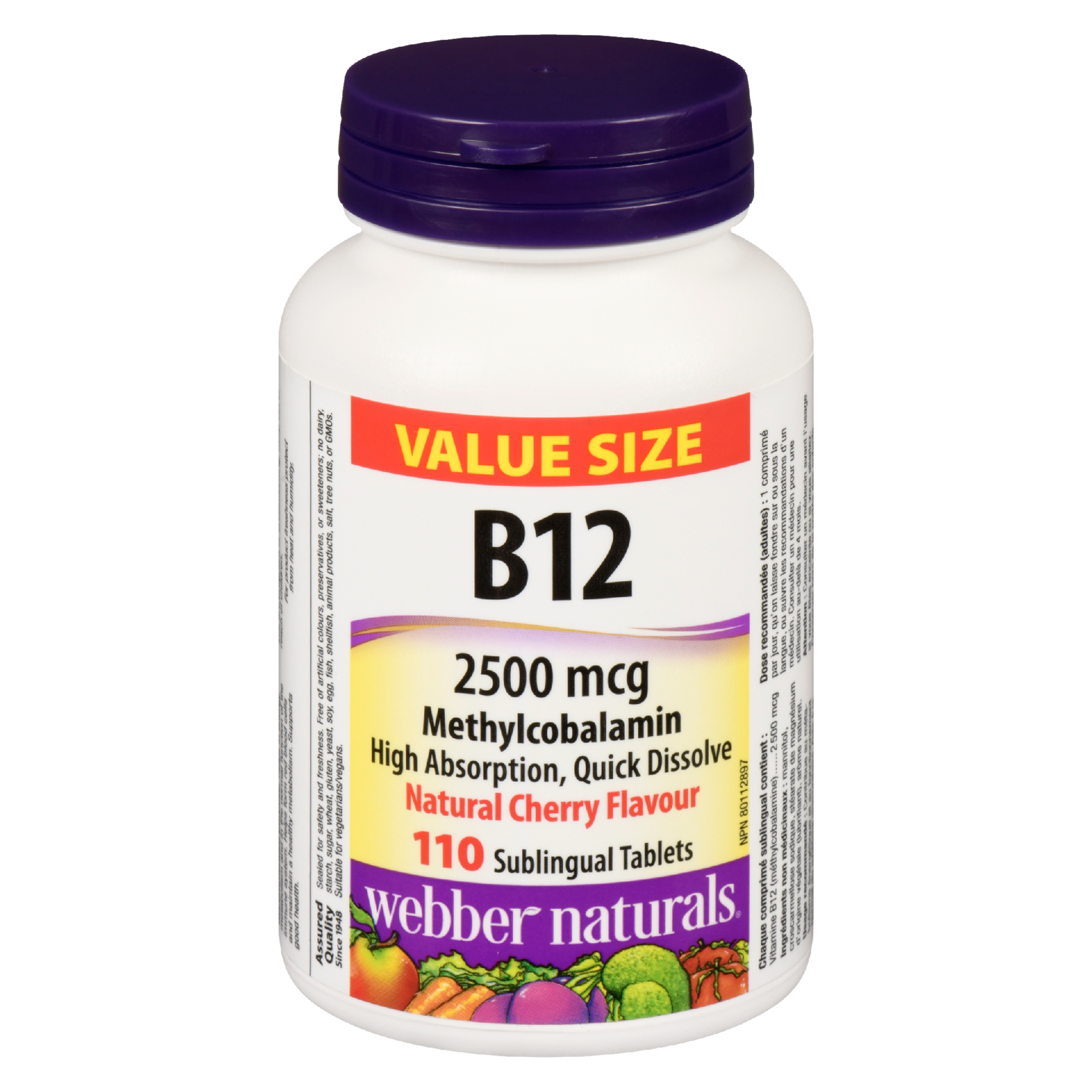 Webber Naturals B12 2500 mcg Natural Cherry Flavour Value Size 110 Sublingual Tablets