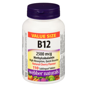 Webber Naturals B12 2500 mcg Natural Cherry Flavour Value Size 110 Sublingual Tablets