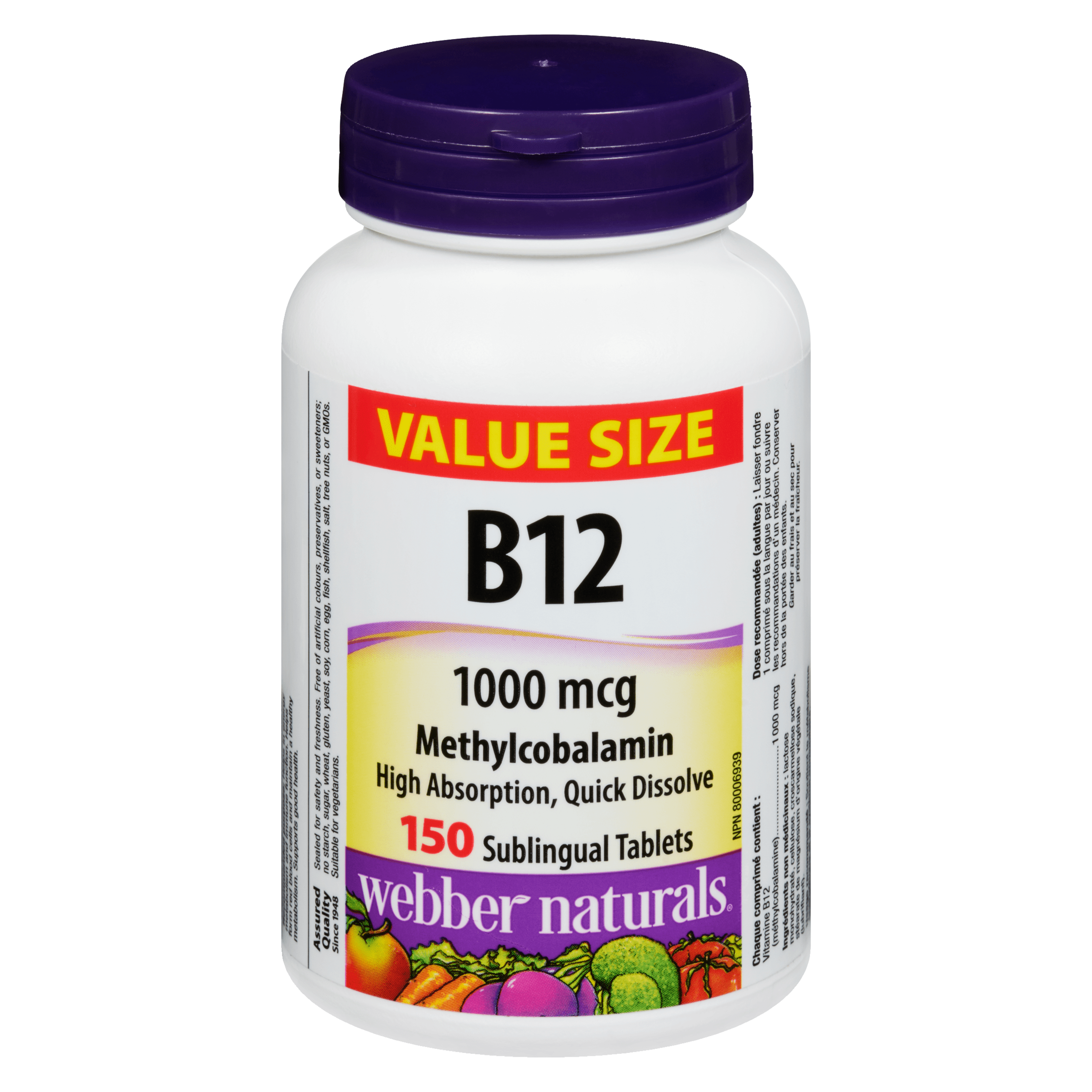 Webber Naturals B12 Methylcobalamin 1000 mcg Value Size 150 Sublingual Tablets