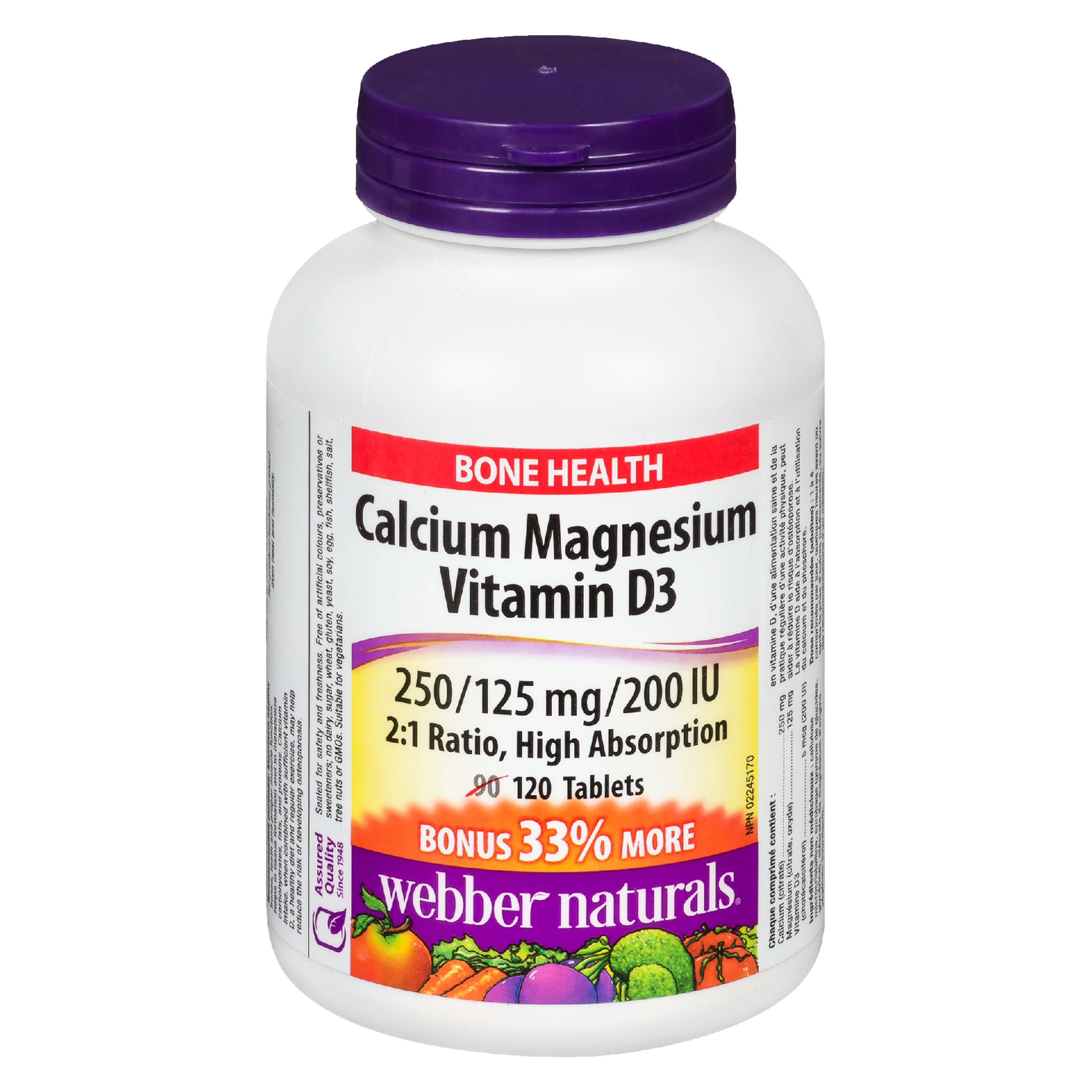 Webber Naturals Bone Health Calcium Magnesium Vitamin D3 250/125 mg/200 IU 120 Tablets