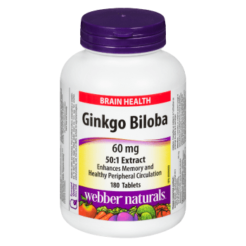 Webber Naturals Brain Health Ginkgo Biloba 60 mg 50:1 Extract 180 Tablets