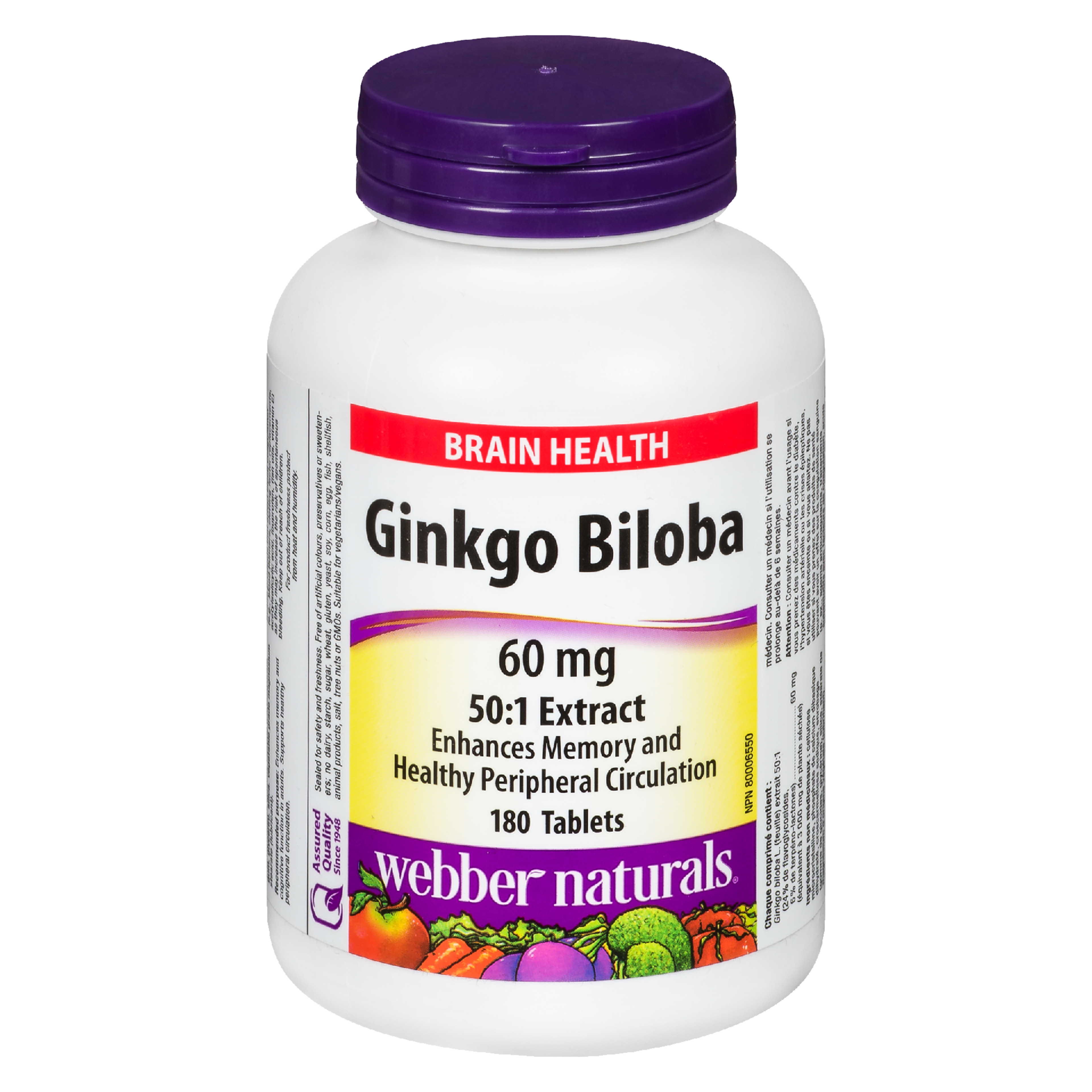 Webber Naturals Brain Health Ginkgo Biloba 60 mg 50:1 Extract 180 Tablets