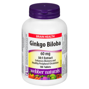Webber Naturals Brain Health Ginkgo Biloba 60 mg 50:1 Extract 180 Tablets