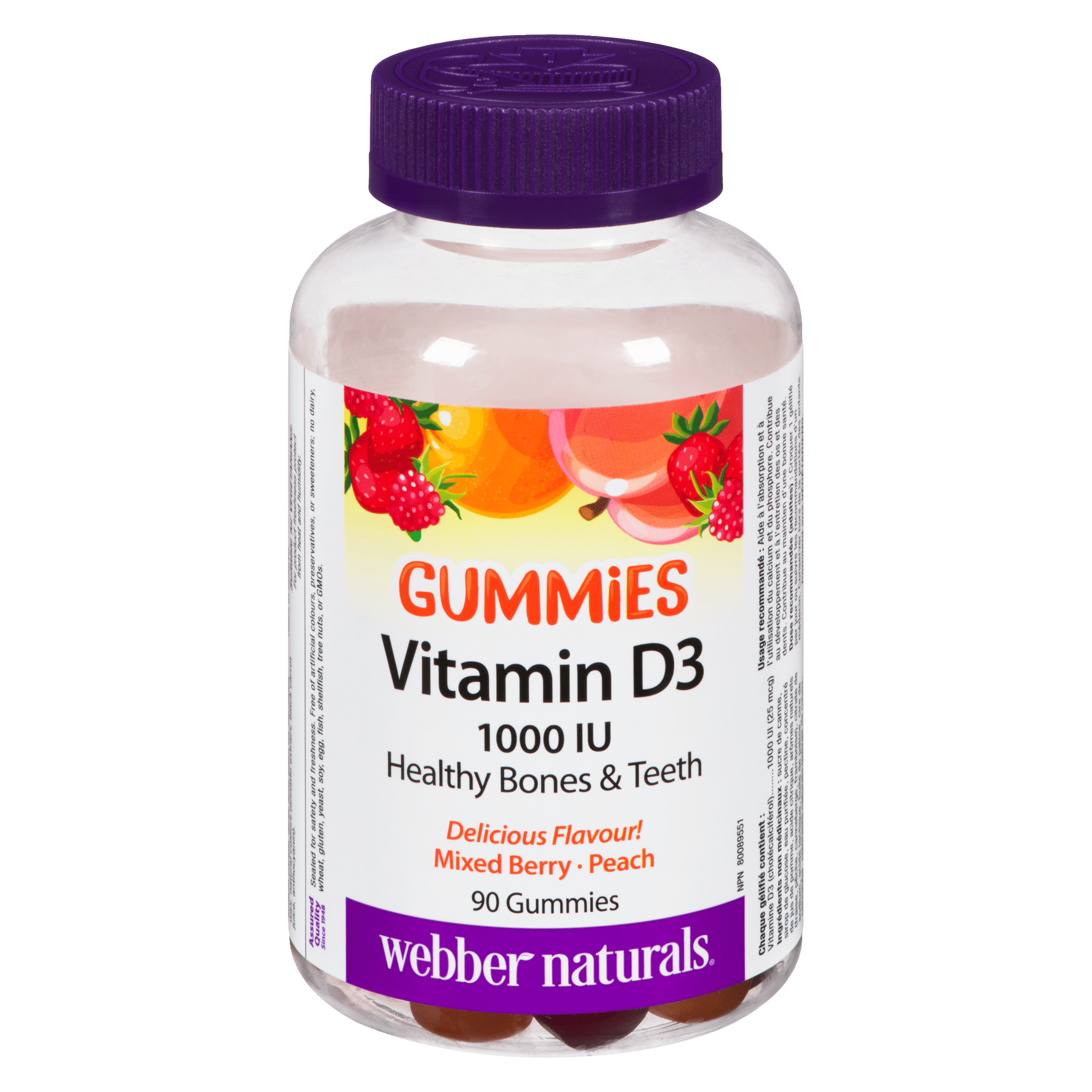 Webber Naturals Gummies Vitamin D3 1000 IU Mixed Berry, Peach 90 Gummies