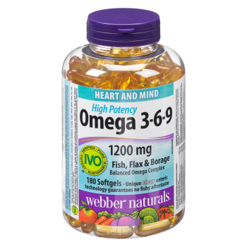 Webber Naturals Heart and Mind Omega 3-6-9 Fish, Flax & Borage 1200 mg 180 Softgels
