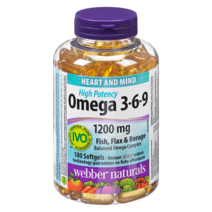 Webber Naturals Heart and Mind Omega 3-6-9 Fish, Flax & Borage 1200 mg 180 Softgels