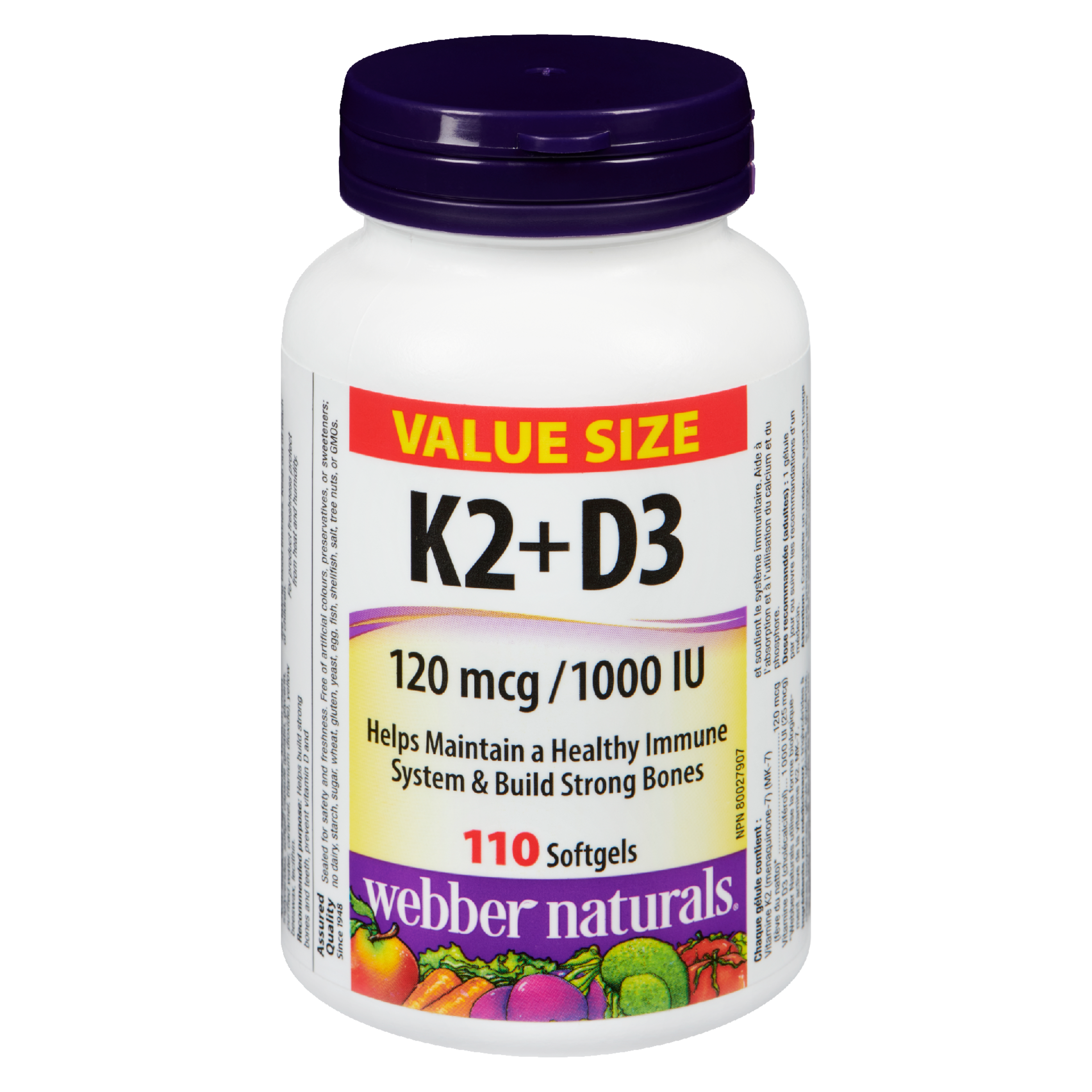 Webber Naturals K2+D3 120 mcg /1000 IU Value Size 110 Softgels