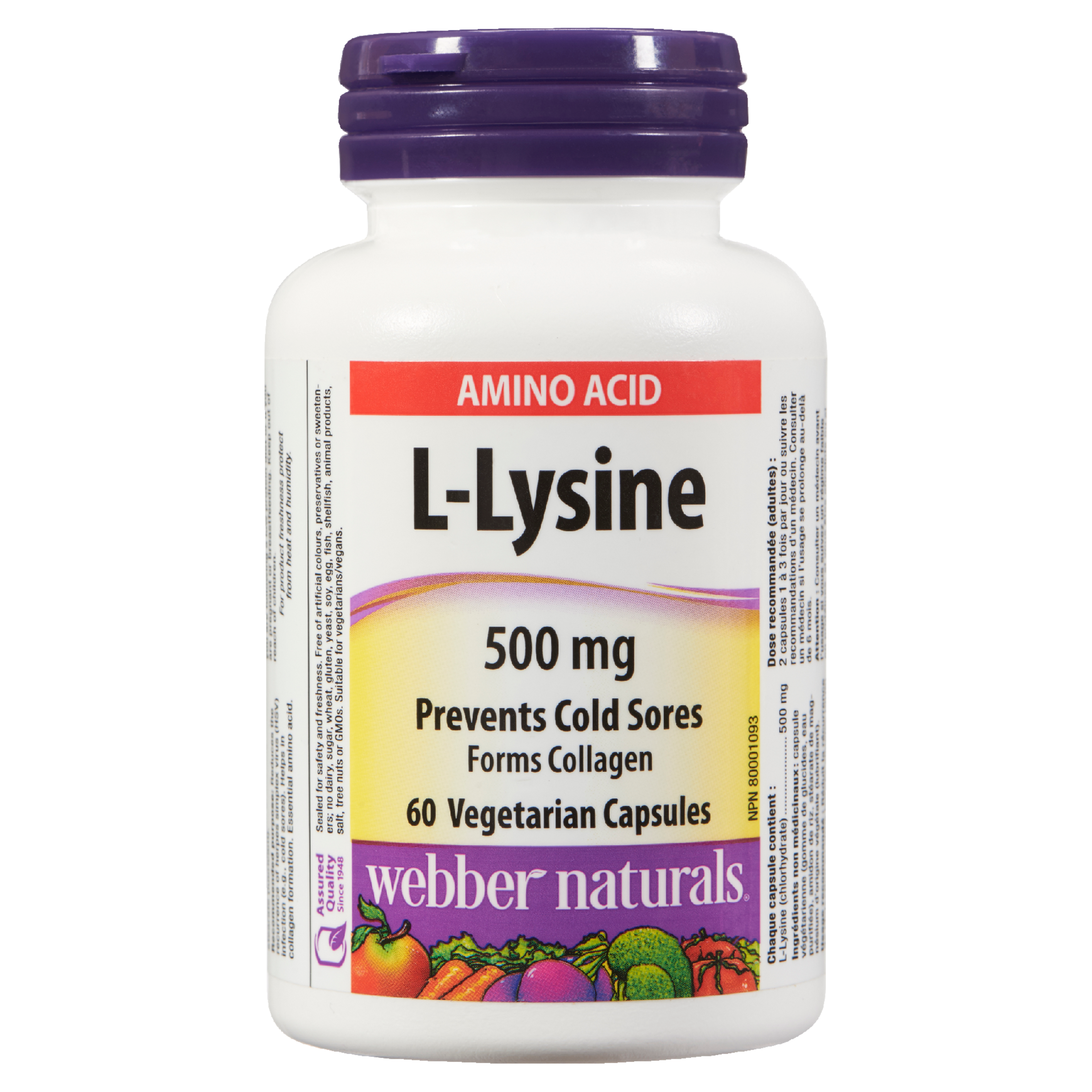 Webber Naturals L-Lysine Amino Acid 500 mg 60 Vegetarian Capsules