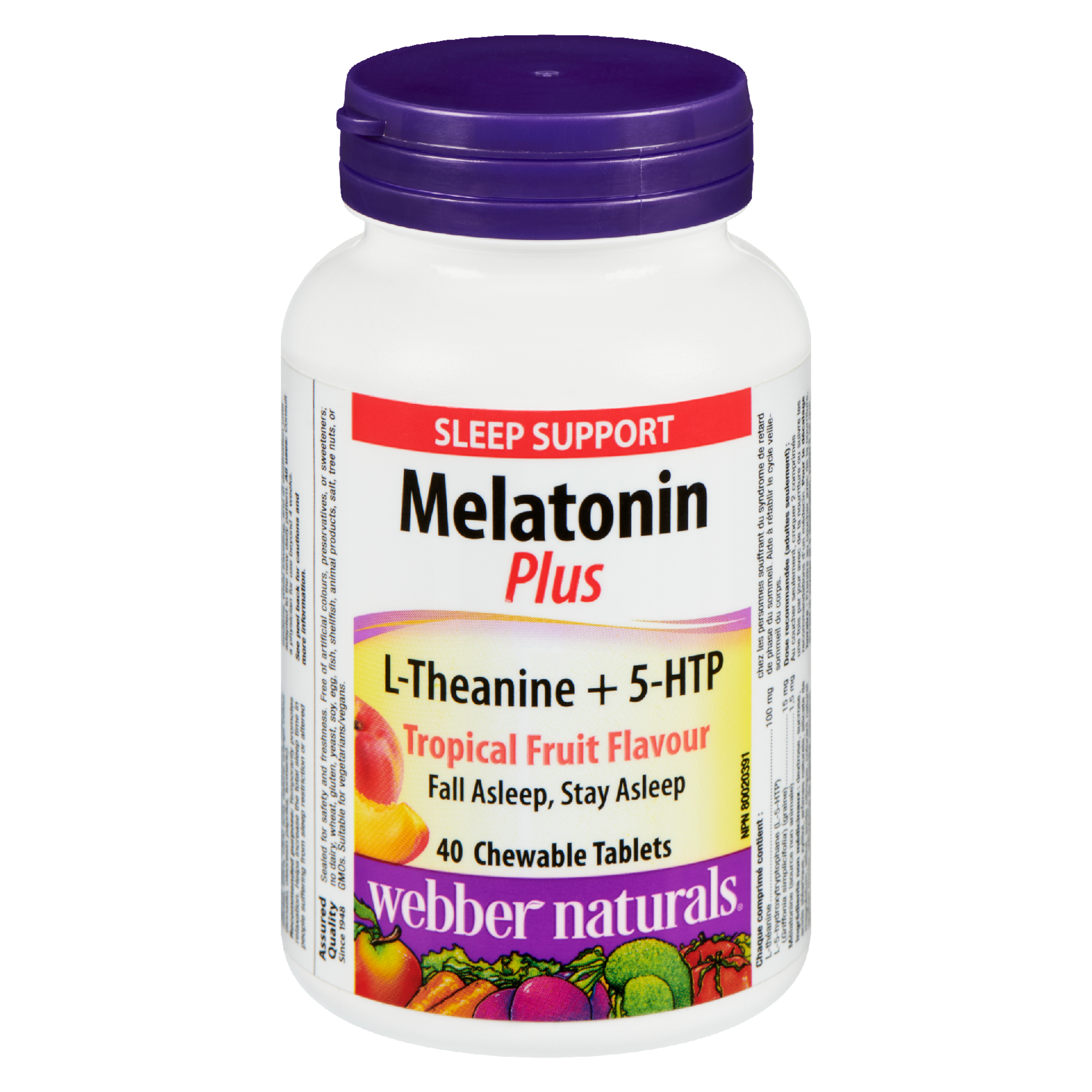 Webber Naturals Melatonin Plus L-Theanine + 5-HTP Tropical Fruit Flavour 40 Chewable Tablets