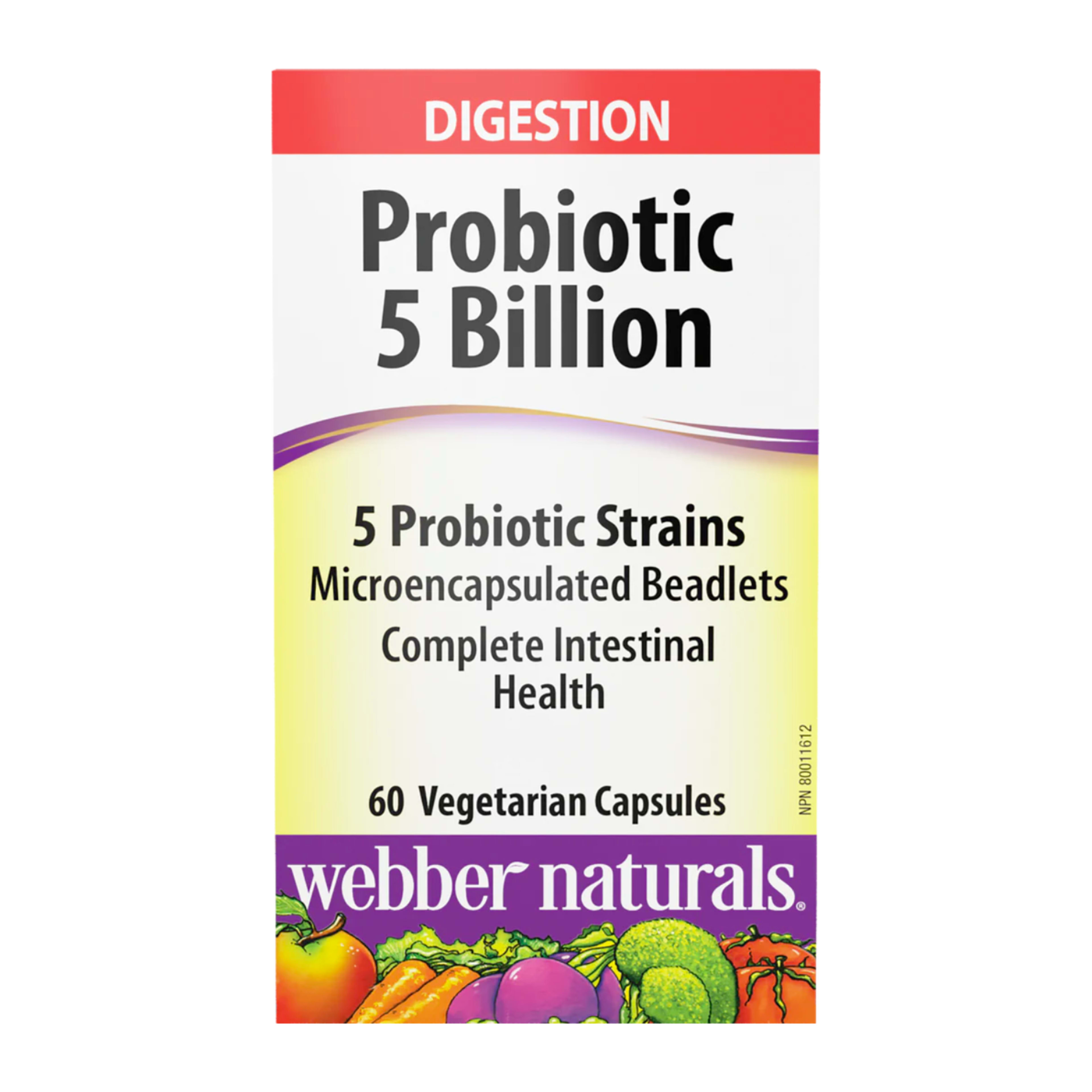 Webber Naturals Digestion Probiotic 5 Billion 5 Probiotic Strains 60 Vegetarian Capsules