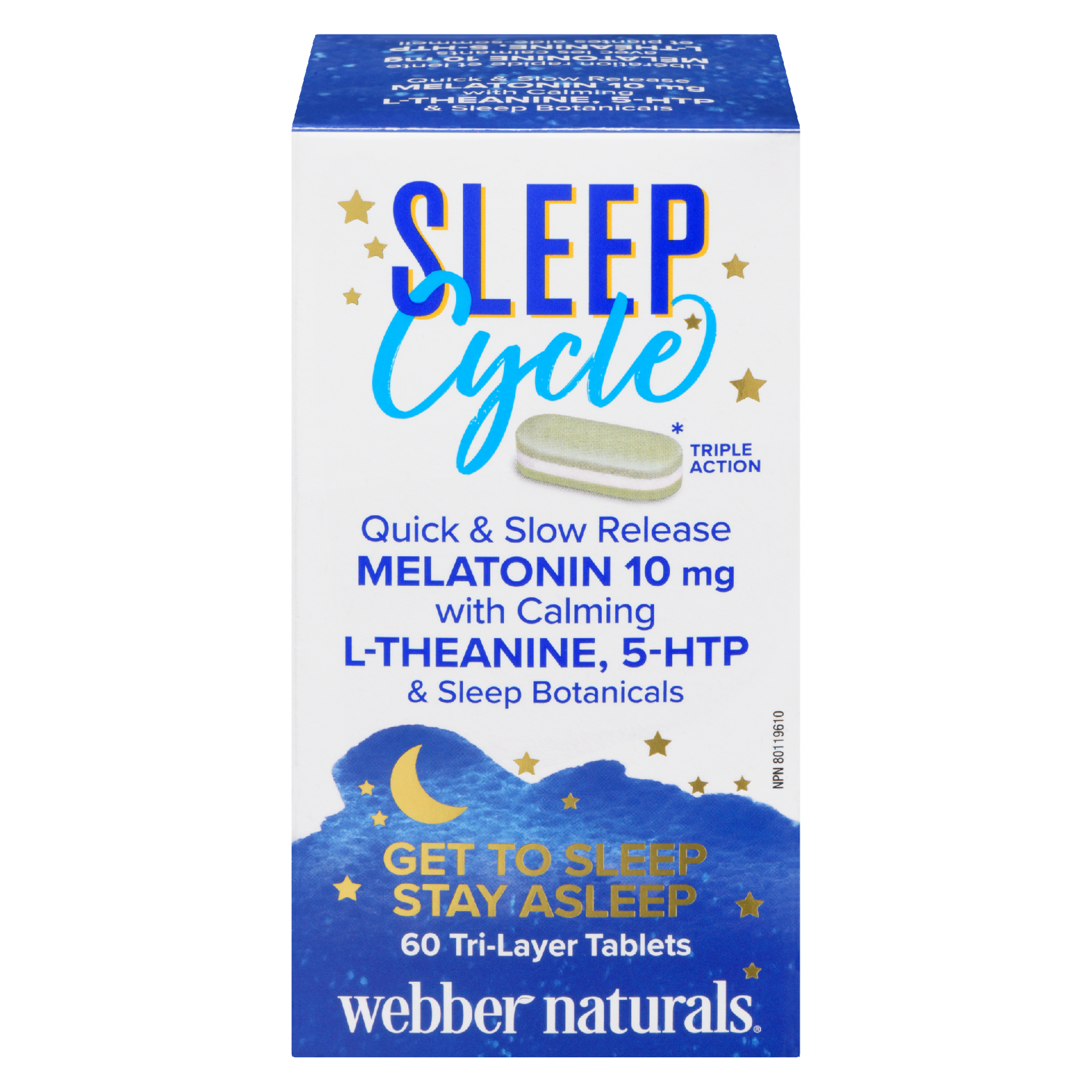 Webber Naturals Sleep Cycle Melatonin 10 mg L-Theanine, 5-HTP 60 Tri-Layer Tablets