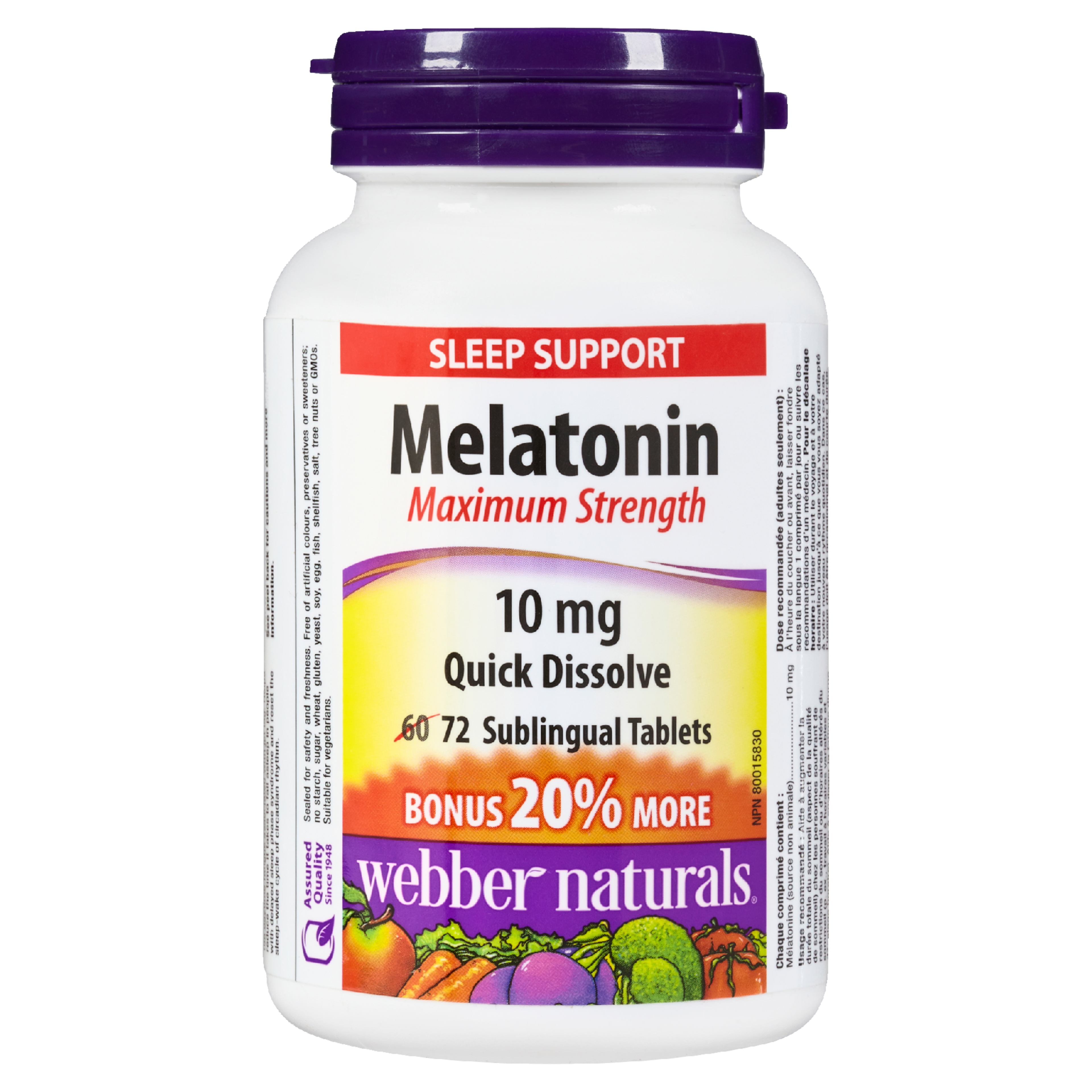 Webber Naturals Sleep Support Melatonin Maximum Strength 10 mg 72 Sublingual Tablets