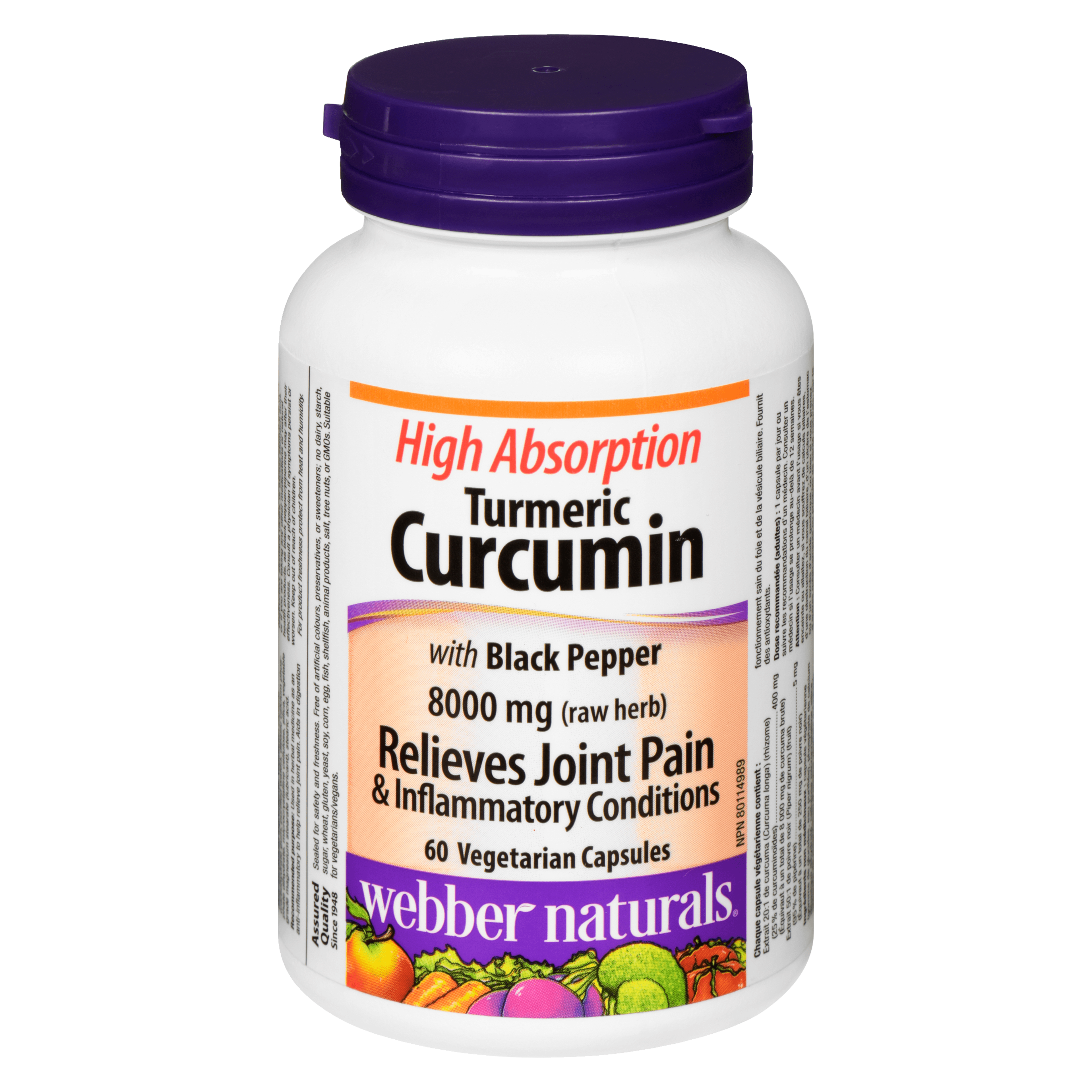 Webber Naturals Turmeric Curcumin High Absorption 8000 mg (Raw Herb) with Black Pepper 60 Vegetarian Capsules