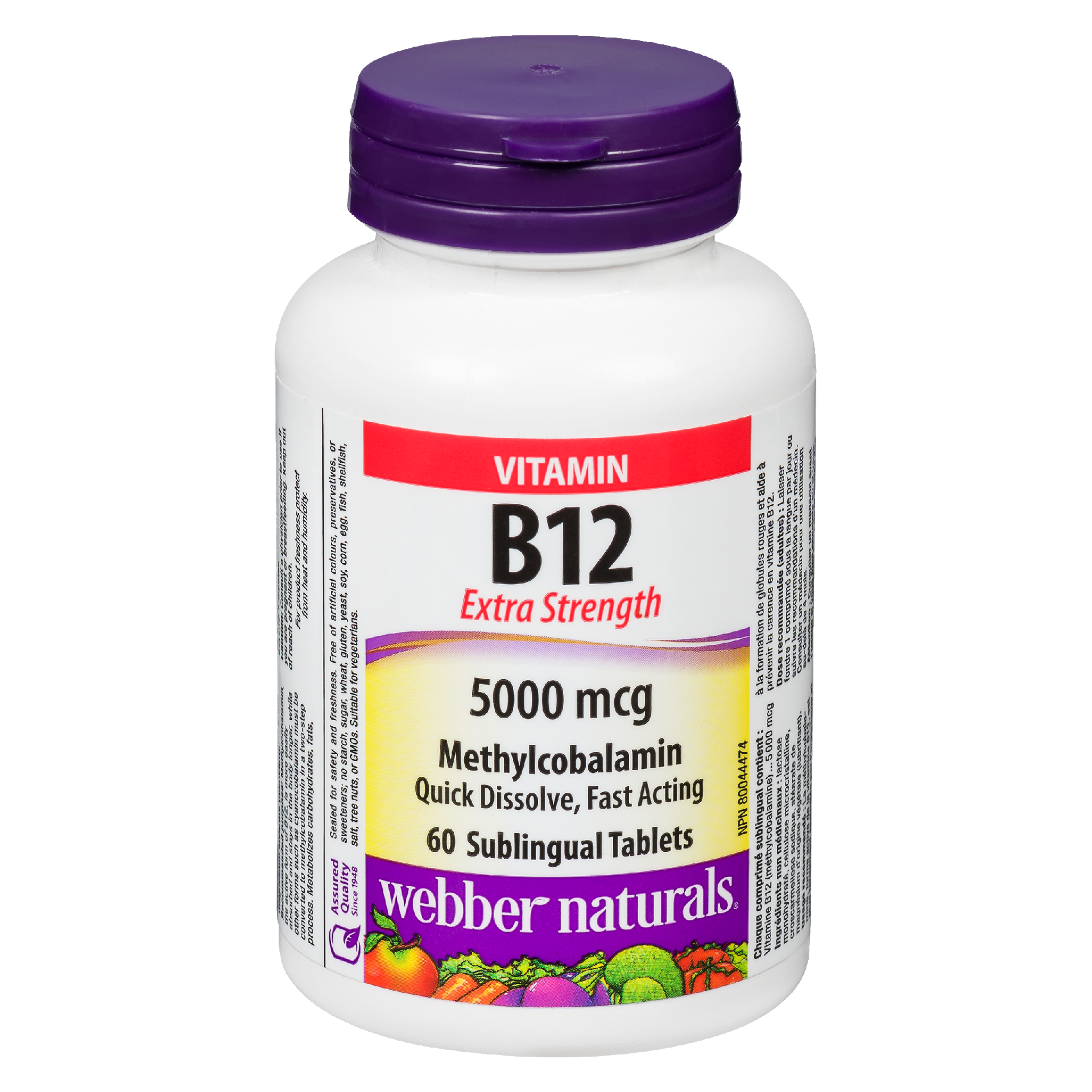 Webber Naturals Vitamin B12 Extra Strength 5000 mcg Methylcobalamin 60 Sublingual Tablets