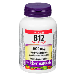 Webber Naturals Vitamin B12 Extra Strength 5000 mcg Methylcobalamin 60 Sublingual Tablets