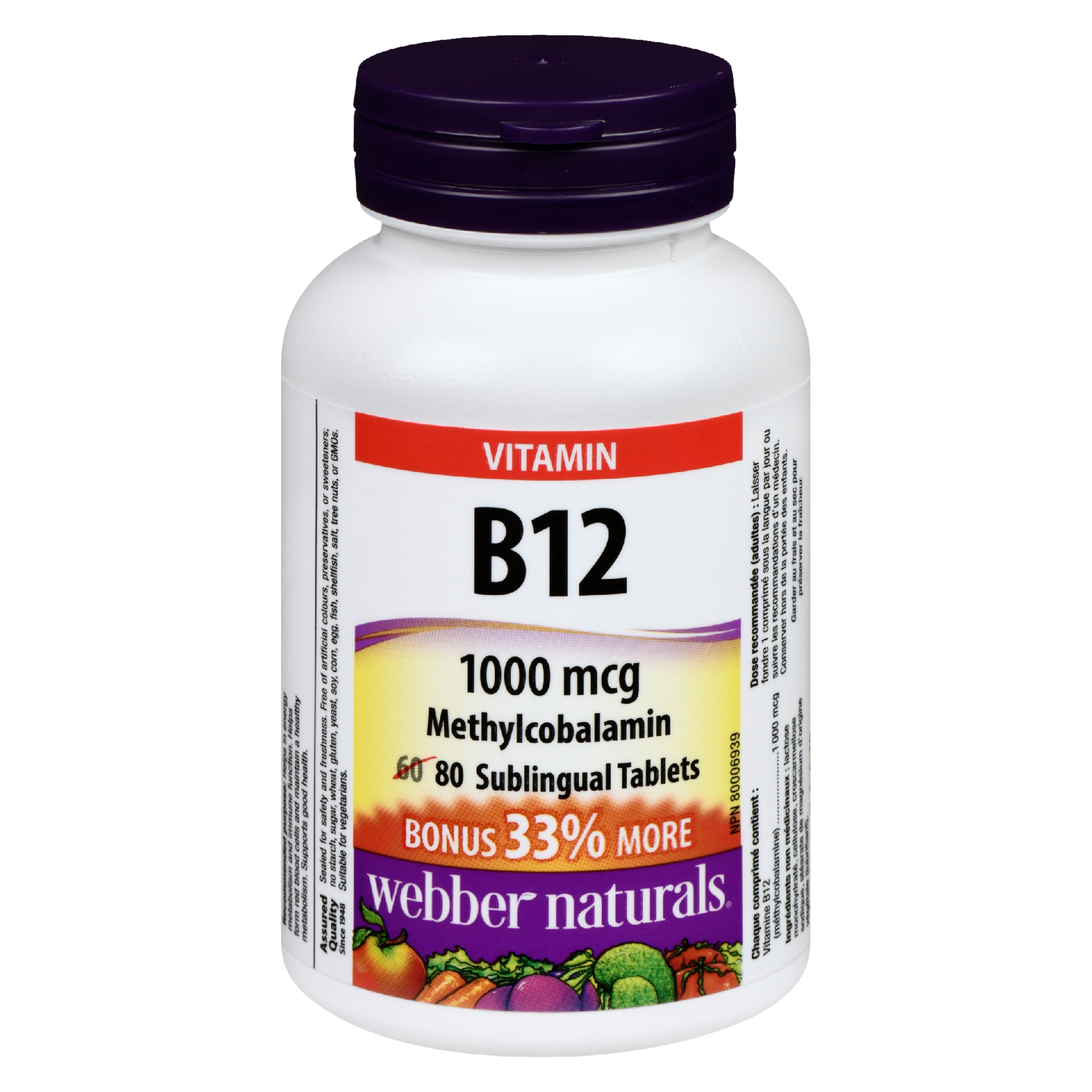 Webber Naturals Vitamin B12 Methylcobalamin 1000 mcg 80 Sublingual Tablets