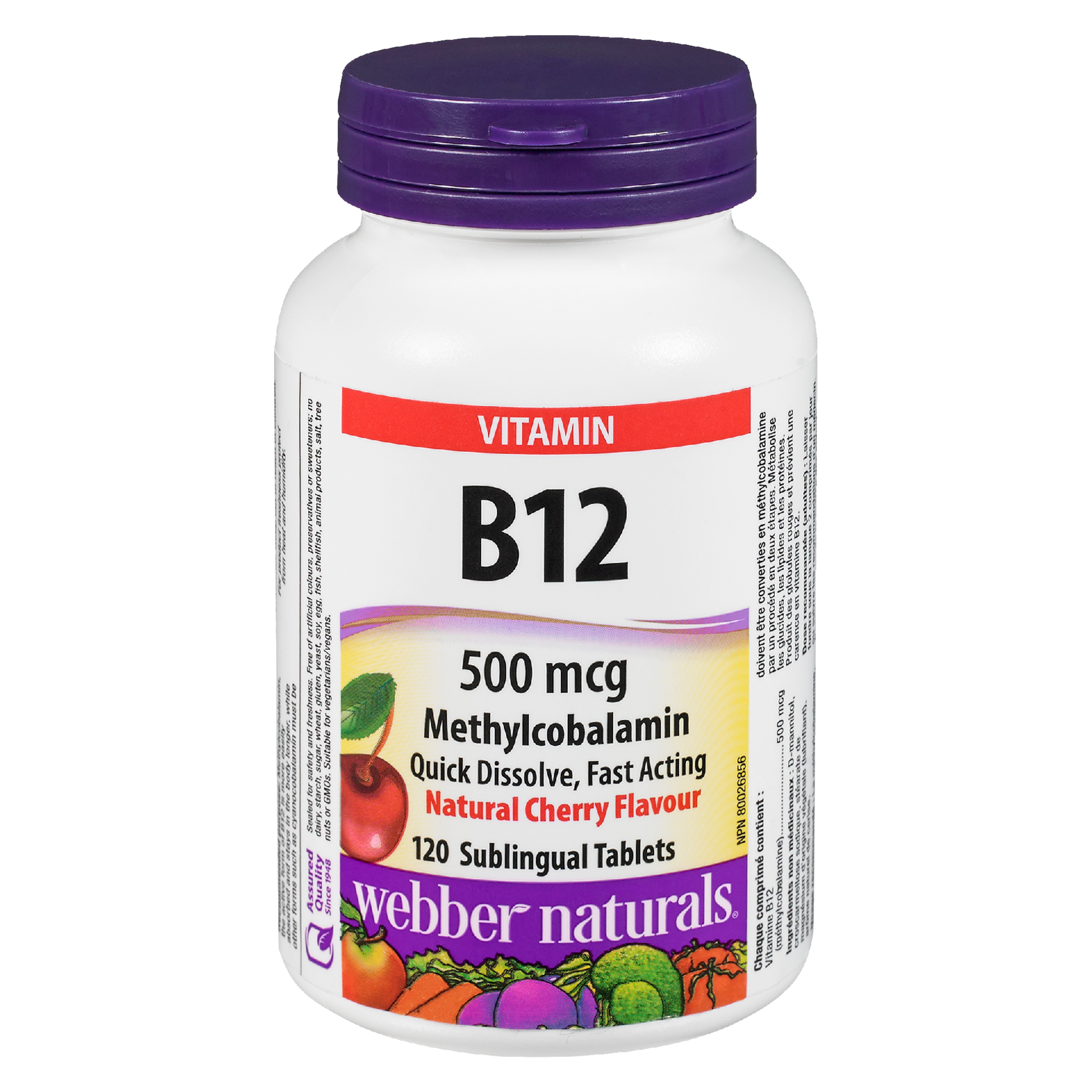 Webber Naturals Vitamin B12 Methylcobalamin Natural Cherry Flavour 500 mcg 120 Sublingual Tablets