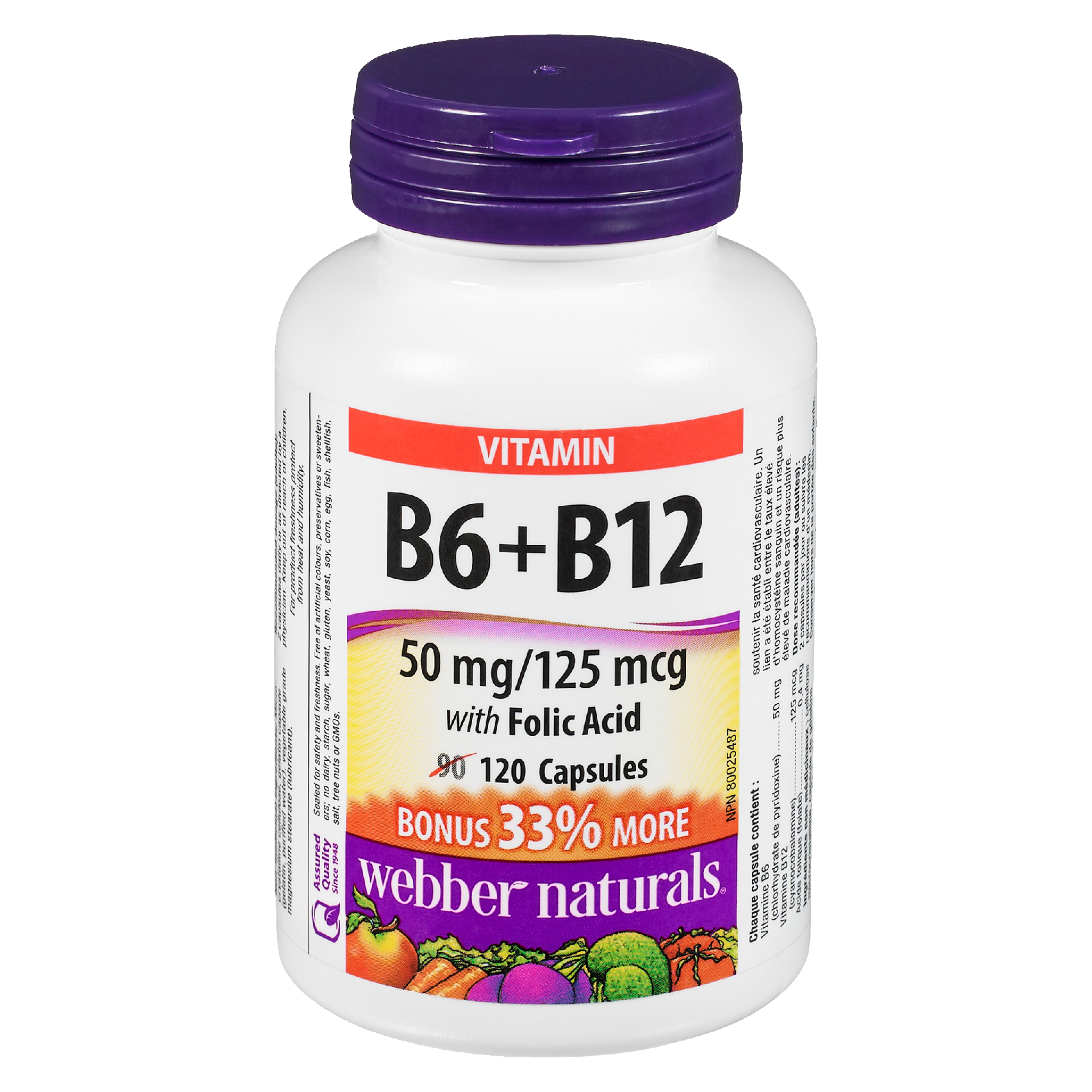 Webber Naturals Vitamin B6 + B12 50 mg/125 mcg with Folic Acid 120 Capsules