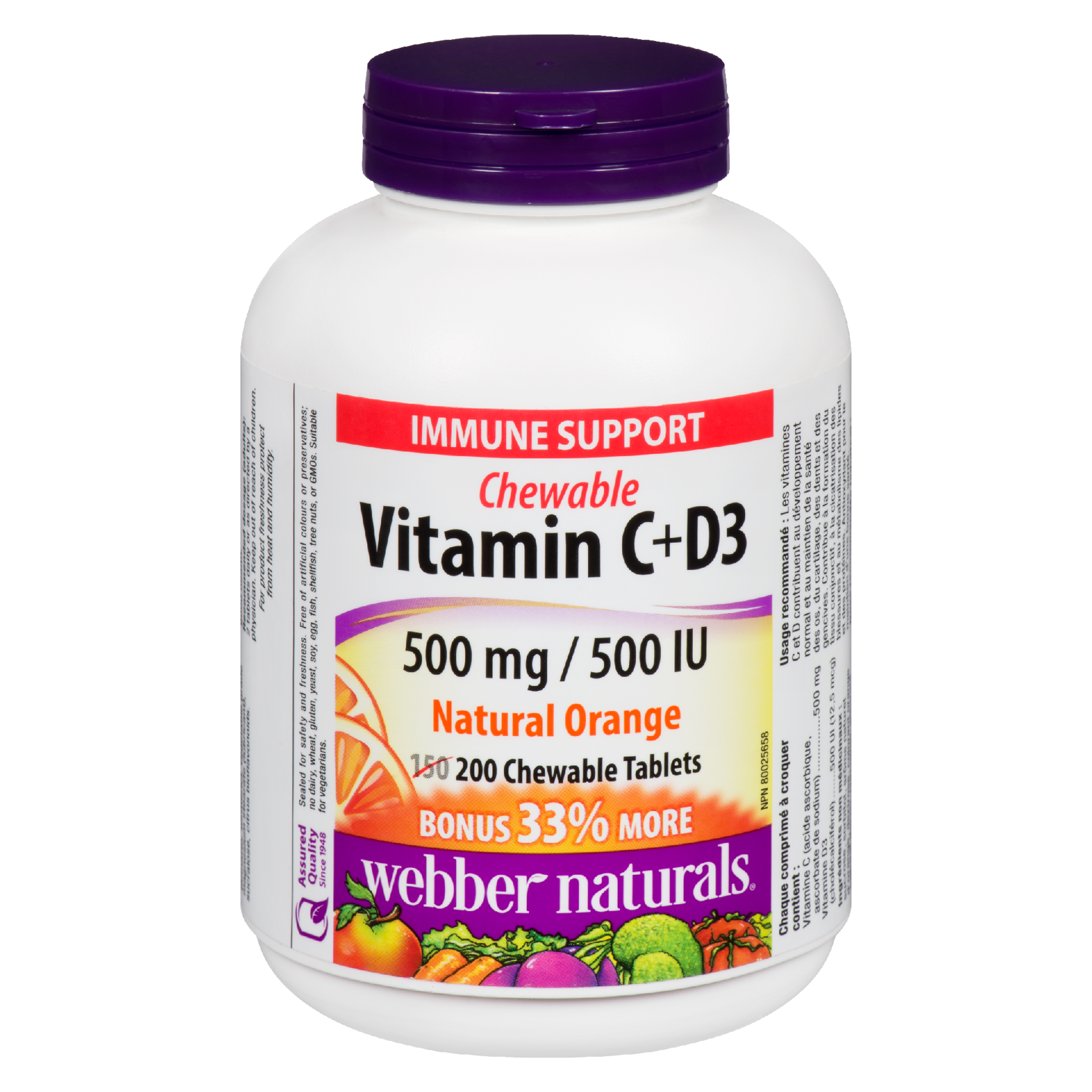 Webber Naturals Vitamin C+D3 Chewable 500 mg / 500 UI Natural Orange 200 Chewable Tablets