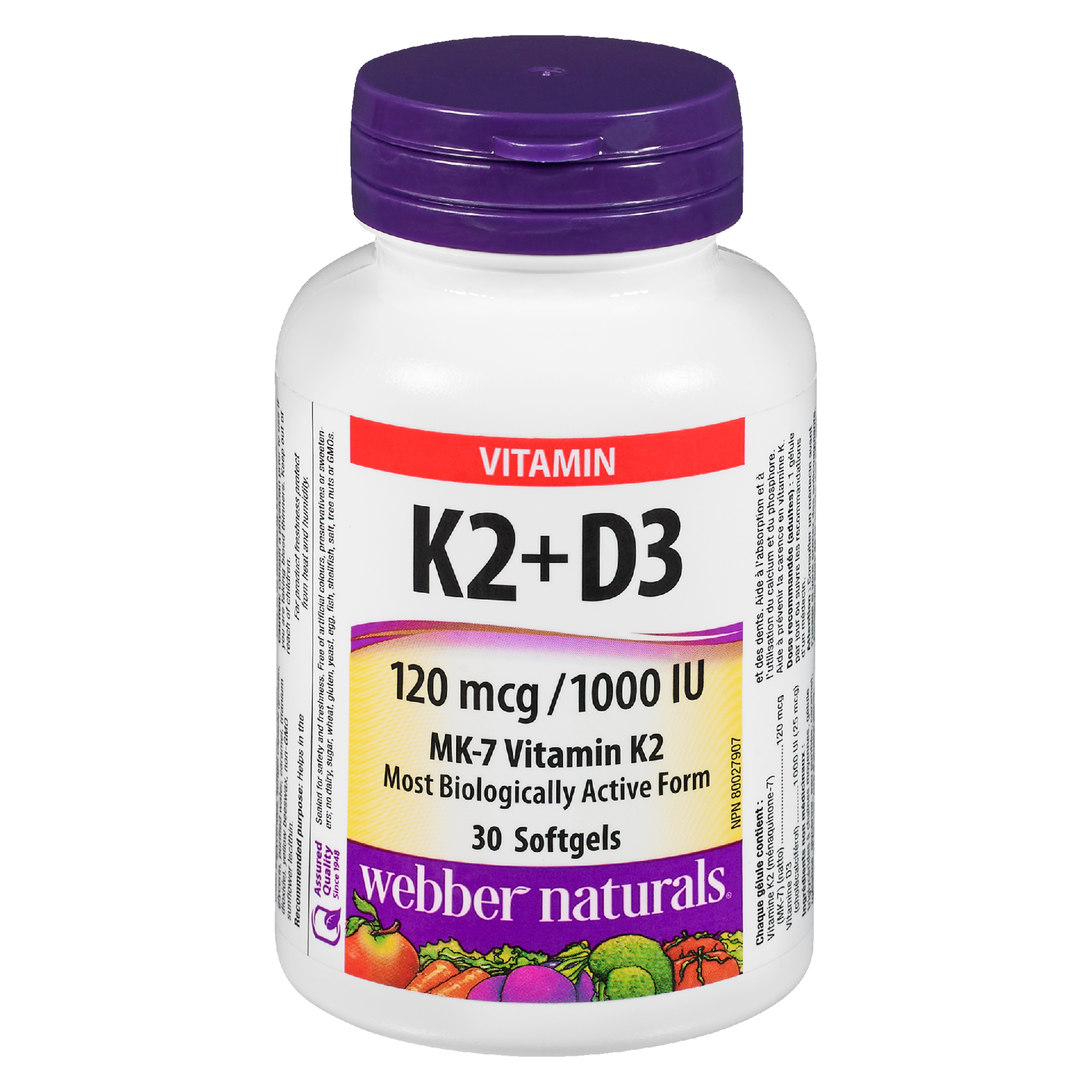 Webber Naturals Vitamin K2 + D3 120 mcg/100 IU MK-7 Vitamin K2 30 Softgels