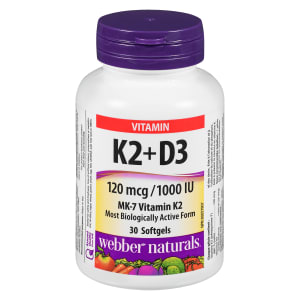 Webber Naturals Vitamin K2 + D3 120 mcg/100 IU MK-7 Vitamin K2 30 Softgels